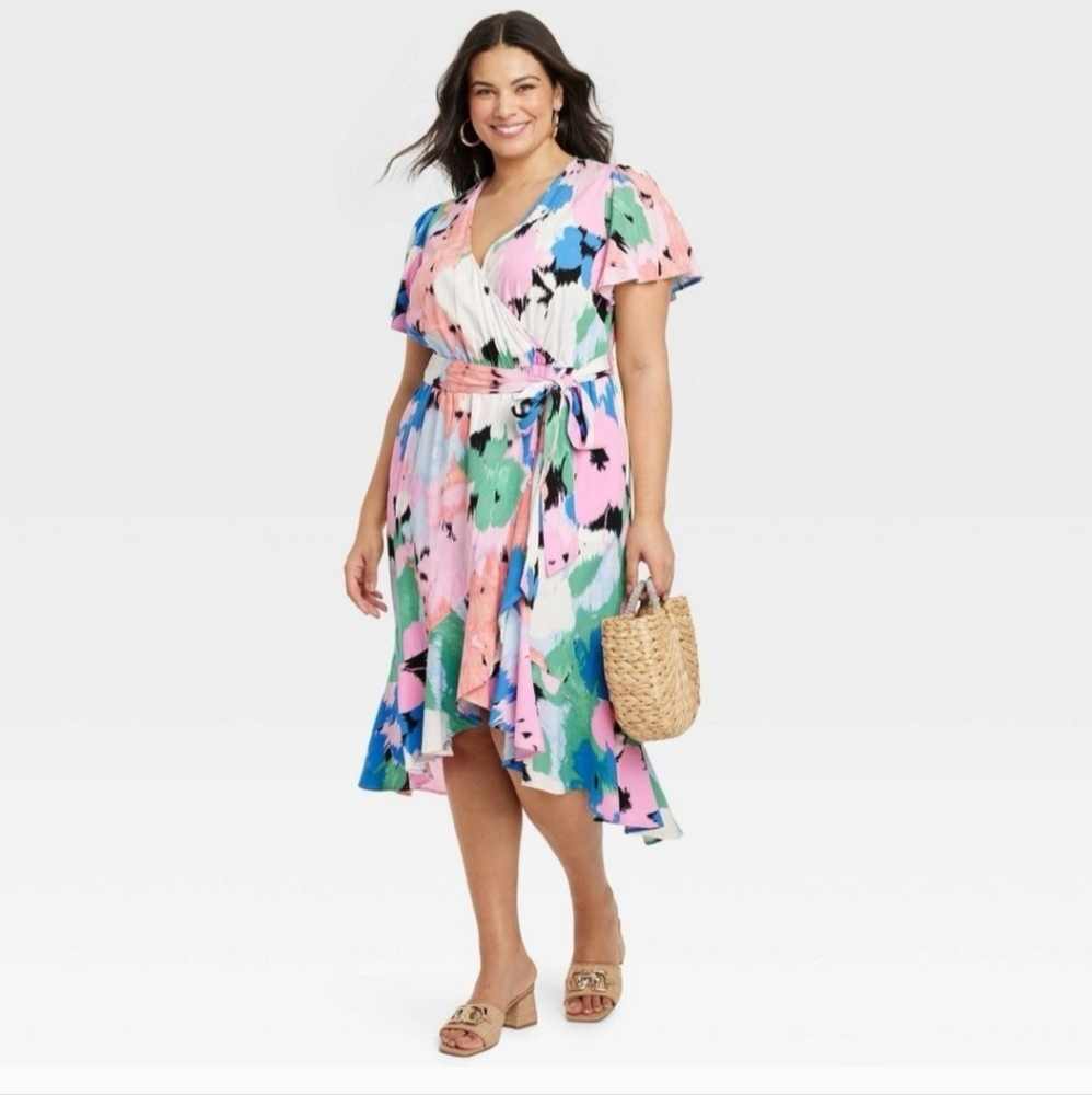 Ava & Viv Womens Floral Flutter Sleeve Midi Faux Wrap Rayon Dress Belted Size 2X